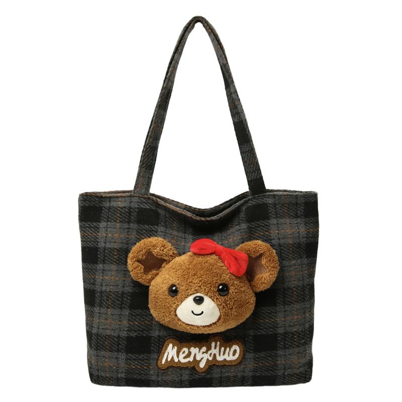 Bear Shoulder Bag Women's Bag Vintage Plaid Tote Bag