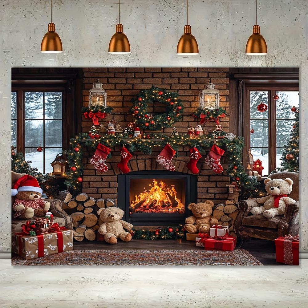 Christmas Fireplace Tapestry, Cozy Stockings and Teddy Bear Scene for Indoor Holiday Party Decor and Festive Home Background