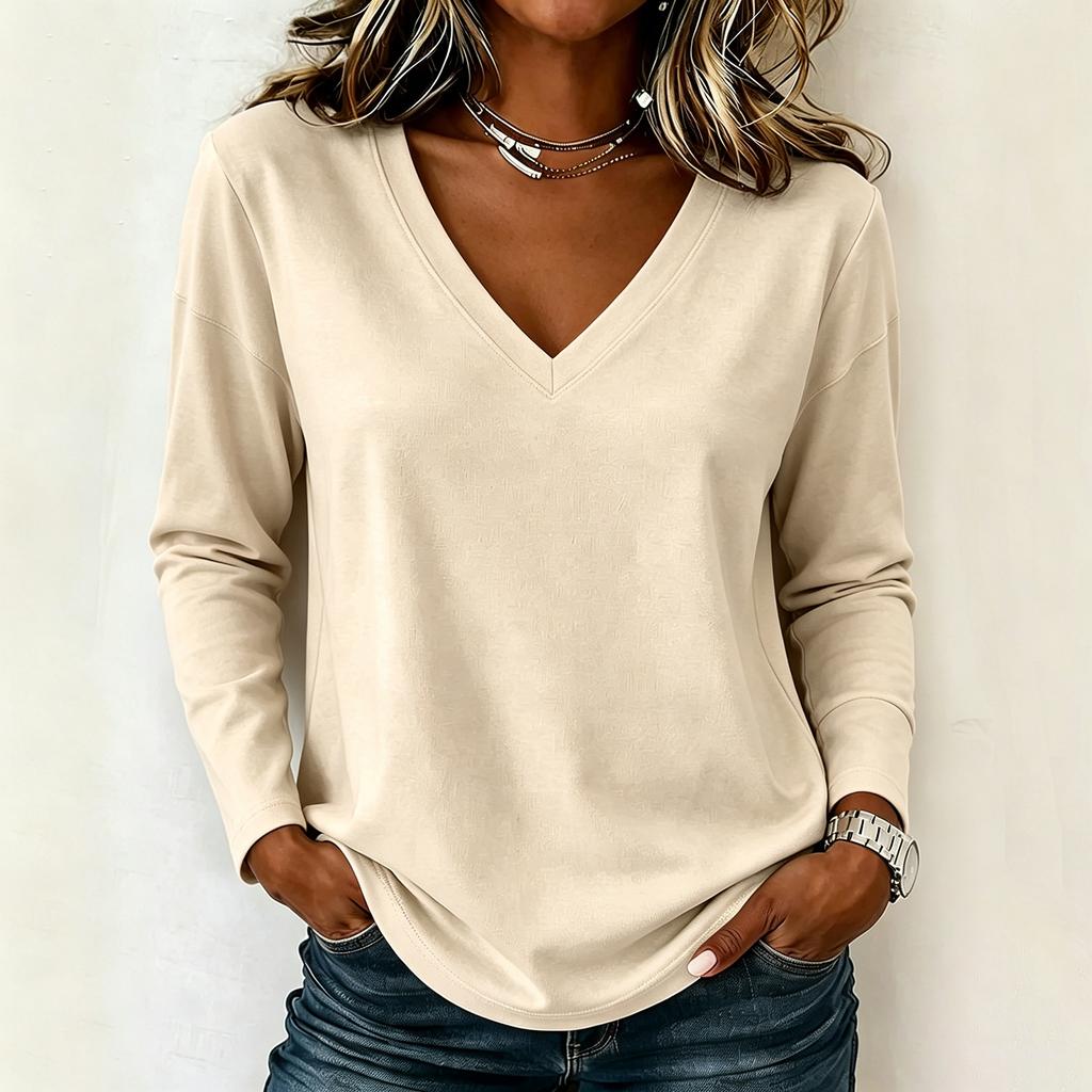 Damen Langarm Lockerer V-Ausschnitt Lässiger Pullover Top Leichter Weicher Dehnbarer Stoff Bequeme Alltagskleidung