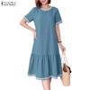 Women Casual Round Neck Solid Color Summer Short Sleeve Dress