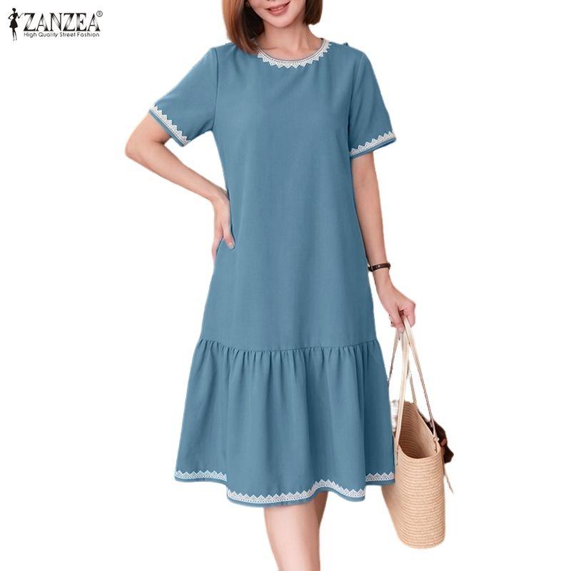ZANZEA Women Casual Round Neck Solid Color Summer Short Sleeve Dress
