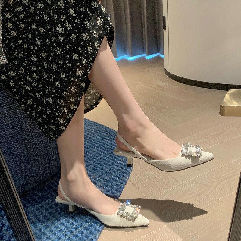 Fashion Square Buckle Rhinestone Pointed Shallow Mouth Single Shoes Women'S High Heel Thin Bun Head Back Empty Strap Sandals