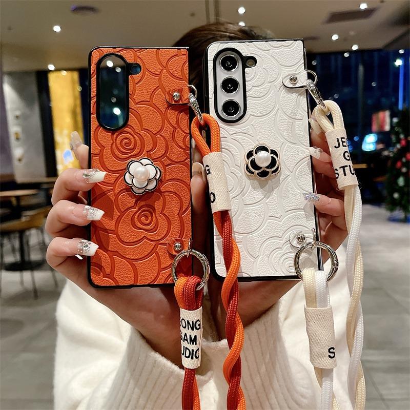 Crossbody kožené kvetinové puzdro na telefón pre Samsung Galaxy Z Fold 6 5 4 3 Fold6 Fold5 Fold4 Fold3 5G Hard Shell Shockproof Cover