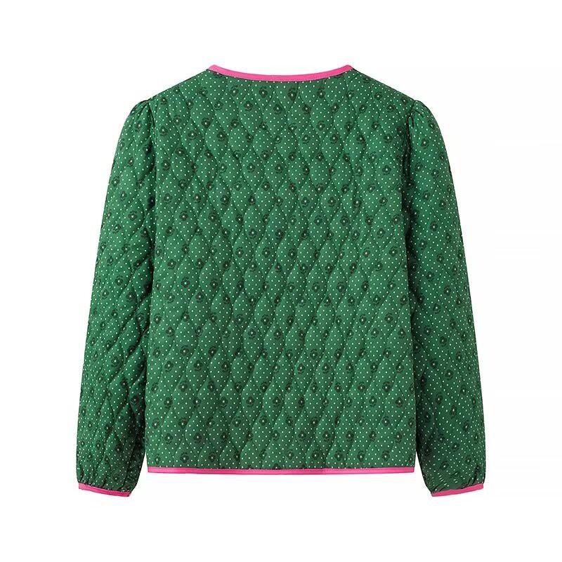 Womens Casual Cotton Blend Jacket Green Color Block Round Neck Butterfly Detail Street Style