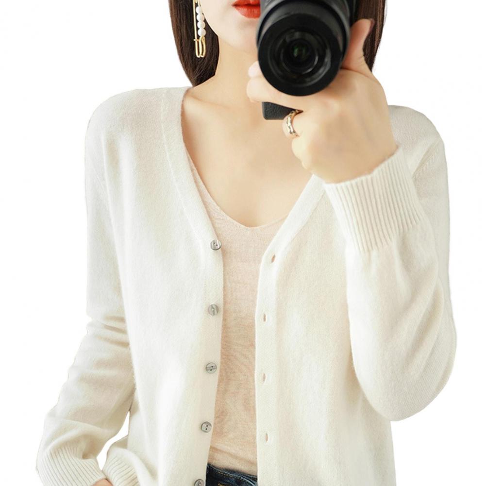 Women Knitting Cardigan Stylish V-neck Knitting Cardigan with Ribbed Cuffs for Women Solid Color Long Sleeve Sweater for Spring