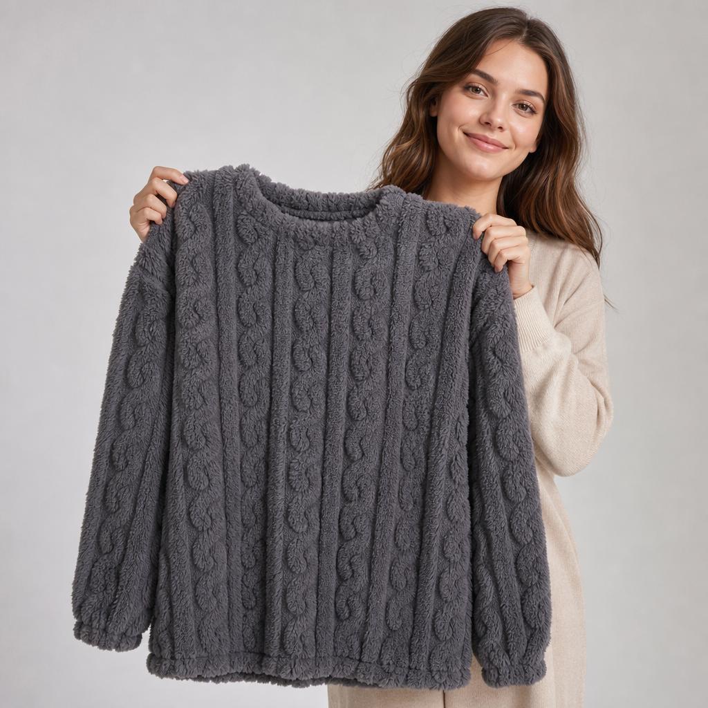 Coral Fleece Jacquard Pajamas Set Women Autumn Winter Fleece Thickened Warm Crew Neck Cable Knit Loungewear Wearable Outside