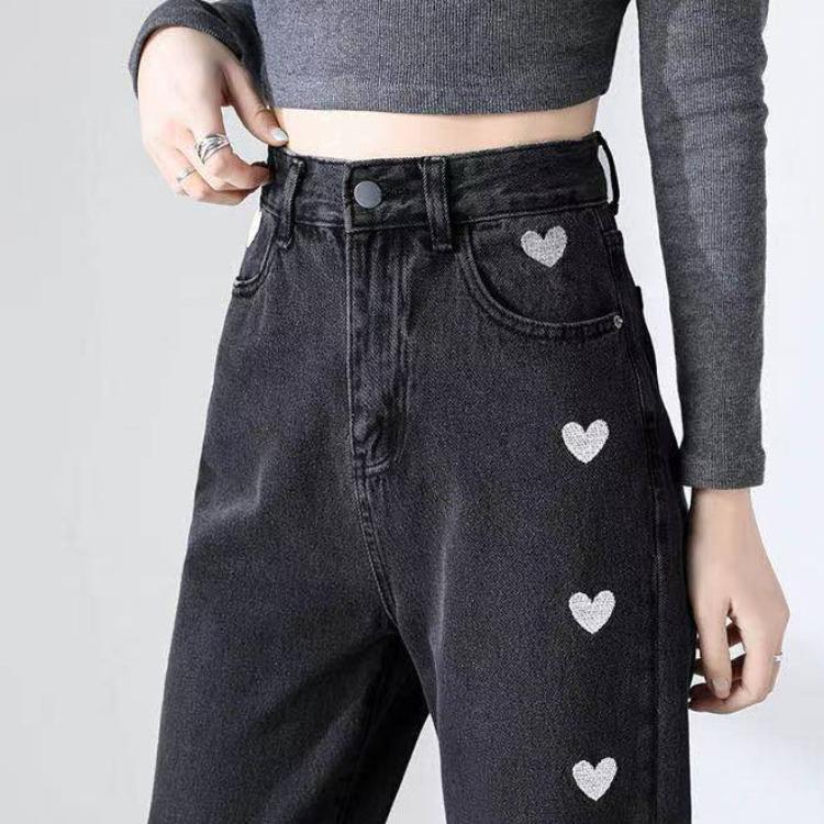 Hong Kong Style Women's Love Heart High Waist Straight Leg Jeans - Chic Loose, Wide-Leg, Drapey, Floor-Length, Slimming.