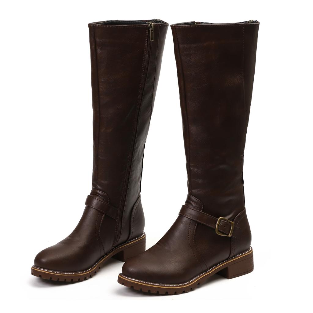 Winter European and American Large Size Belt Buckle Low Heel High Boots Side Zipper Knight Women's Boots Martin Boots