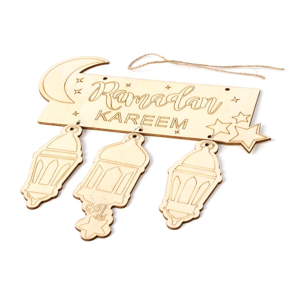 Wooden Eid Mubarak  ing Pendant Ramadan   Pattern   Crafts Ornament with Rope Festival Decoration