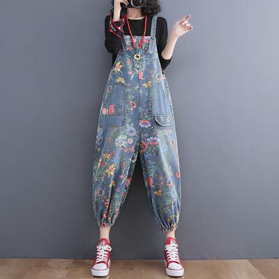 Fashion Streetwear Print Floral Denim Overalls for Women Dungarees  Straps Baggy Rompers Pants Loose Wide Leg Jeans Jumpsuit