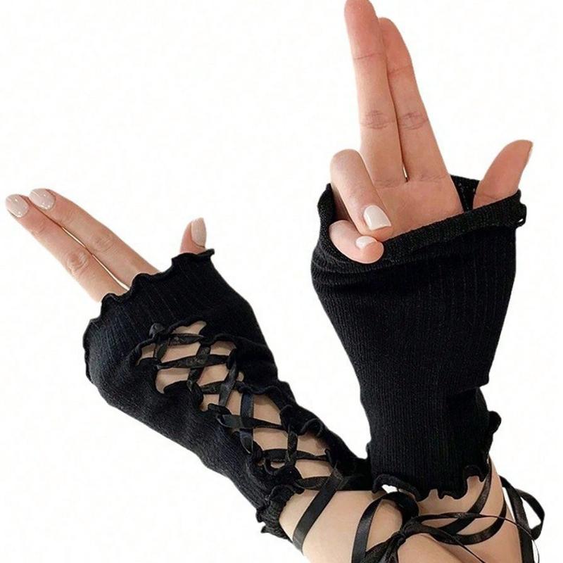 1 Pair Of Y2K Lace Strap Sleeves DIY Decorative Sleeves Short Solid Color Open Finger Curling Sleeves Wrist Sleeves Halloweeny2k Valentine's Day