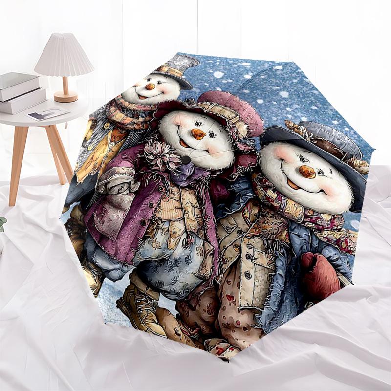 1pc Winter Wonderland Snowmen with Floral Hat & Scarf, Perfect for Outdoor, Festive Gifts, Travel, Daily Use, Auto Open Close Umbrella with 3-Fold Des