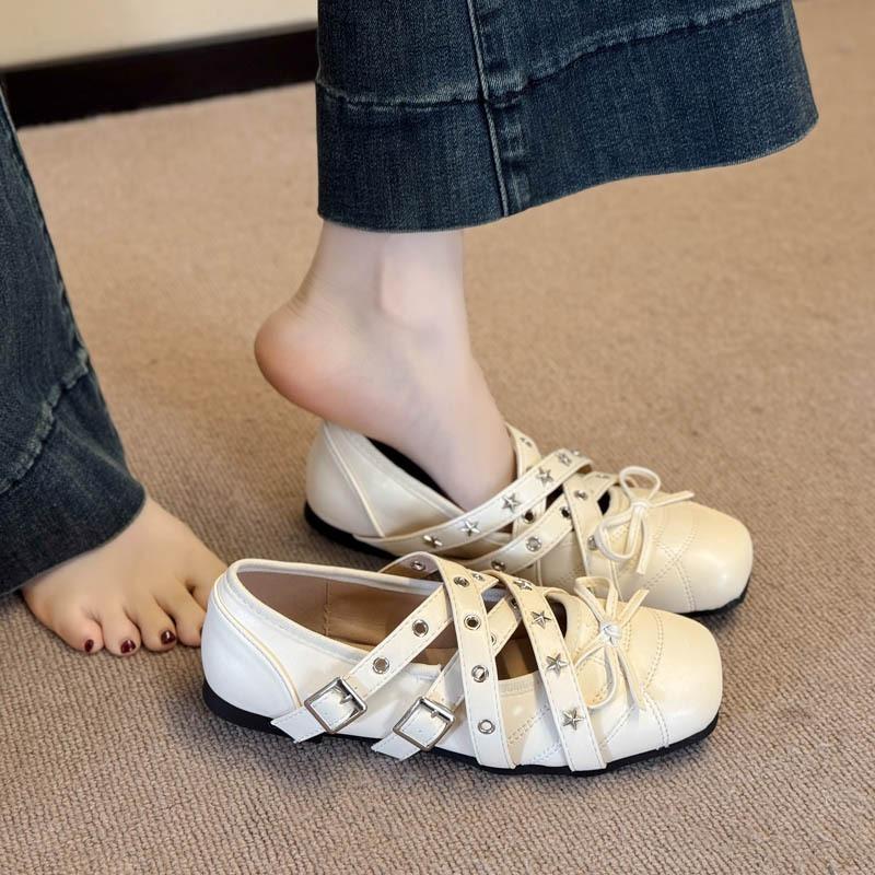 Retro Bow Cross Strap Mary Jane Shoes Women's Spring and Summer New Shallow Rivet Ballet Flat Shoes