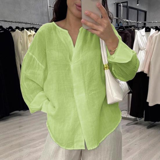 Women Tops V Neck Long Sleeve Pure Color Mid-length Pullover Tops with Asymmetrical Slit Curved Hem Loose Fit Versatile Casual Shirt
