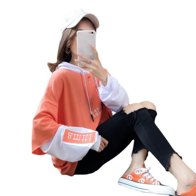 Embroidered Women's Slim-Fit Hoodie - Spring/Autumn Korean Style, Spliced, Long Sleeve, Loose Fit, Fake Two-Piece Design