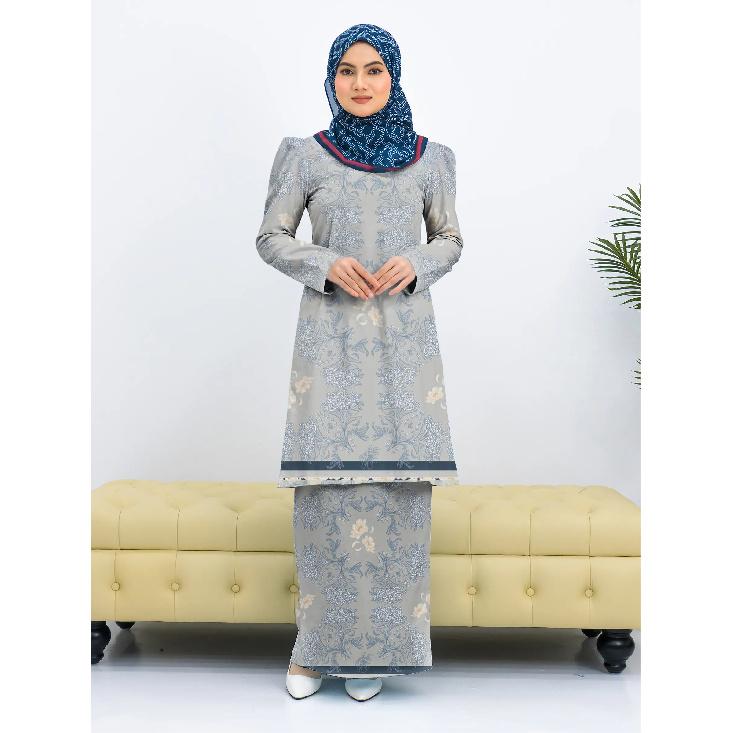 Summer new army green floral print pattern Kurung Pahang women Muslim suit comfortable and elegant women Eid wear women two piece suit