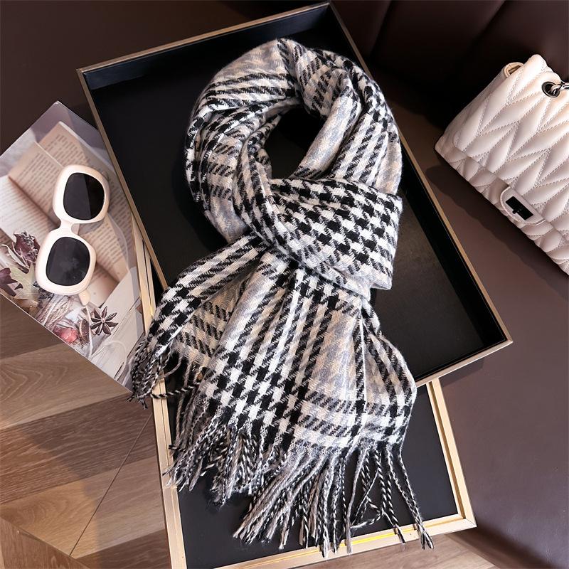 Unisex Korean Plaid Thick Winter Scarf with Tassels - Imitation Cashmere Shawl