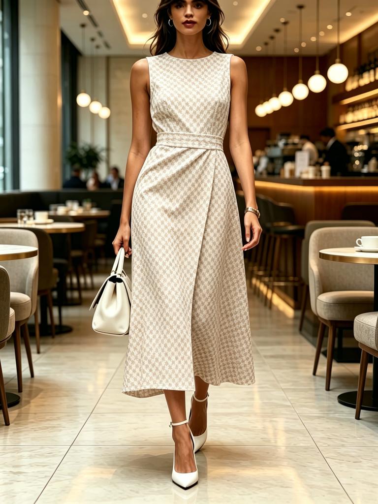 Round Neck Sleeveless Midi Dress with Houndstooth Print Pattern Beige and White Color Modern Elegant Casual Fashionable Women's Clothing