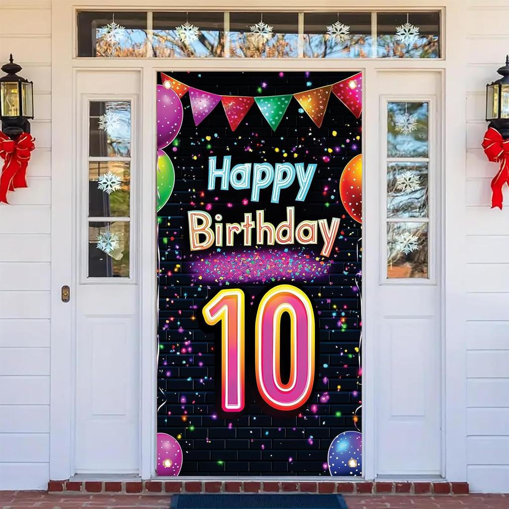 10th Birthday Door Cover Decoration 71 x 35 Inch Colorful Balloons and Lights Banner for Kids Happy Tenth Birthday Party Supplies Photo Backdrop Wall