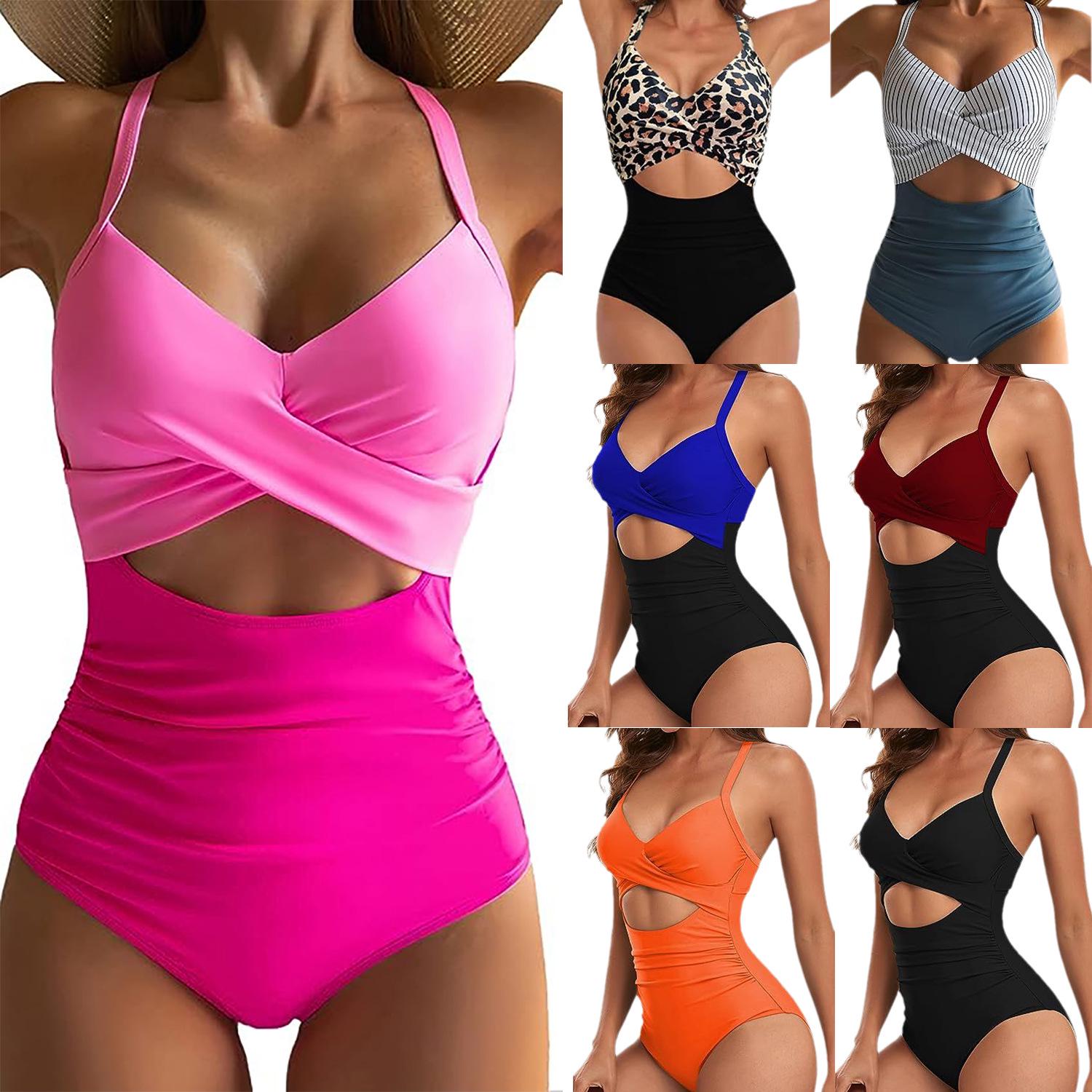 

Women s Backless One-Piece Swimsuit - Spliced Leopard Print Tie Double Extra Large