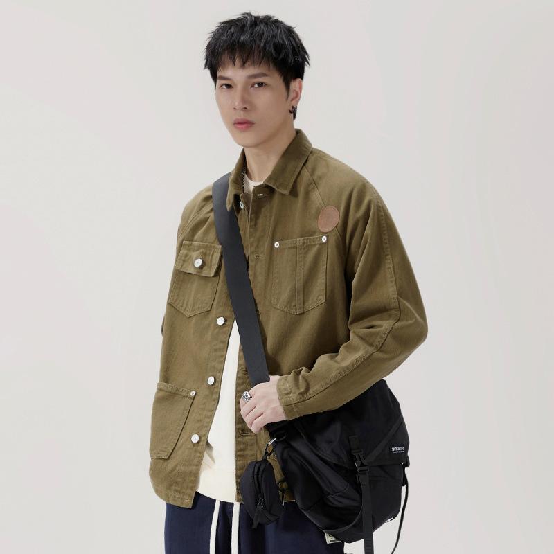 Spring Versatile Denim Jacket American Trend Retro Casual Label Shoulder Sleeve Jacket Men'S Long Sleeve Top Men'S