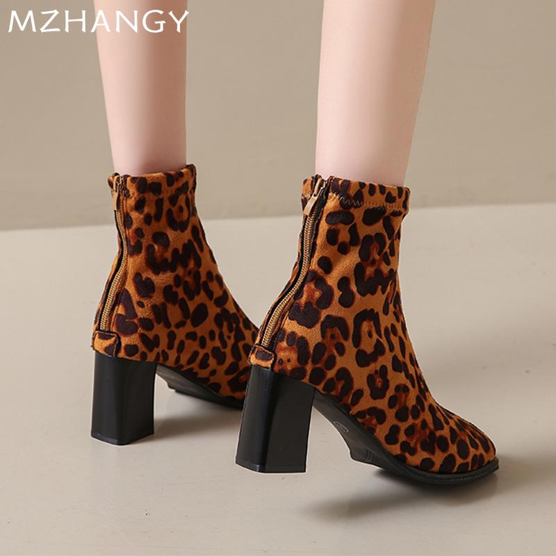 Mode Leopard Wildleder Schnee Stiefeletten Damen High Heels Schuhe Elegant Klobige Stiefel 2025 Trend Chelsea Boots Pumps New Goth Mujer Botas