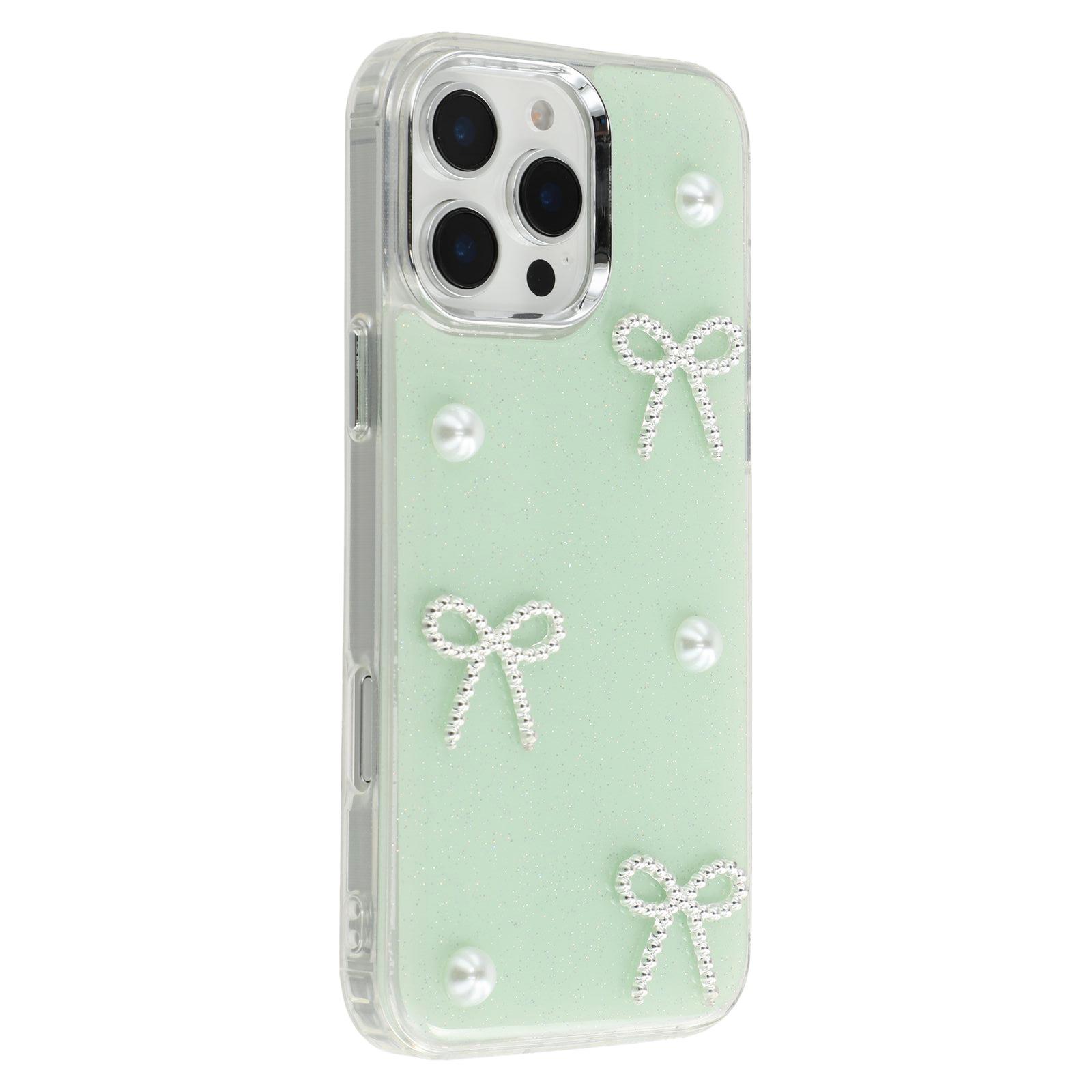 

For iPhone 16 Pro Case Pearl Bow Epoxy Design TPU+PC Phone Back Cover Cyan