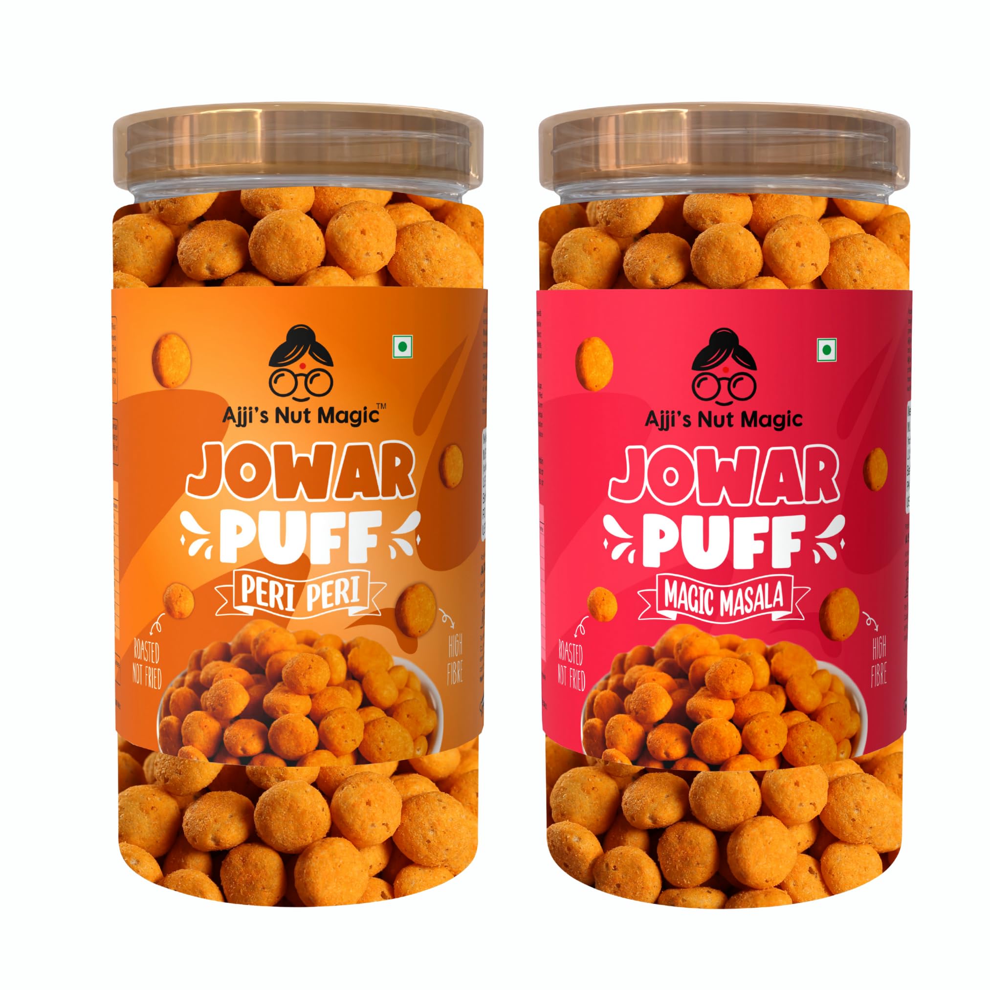 

Ajji s Nut Magic Combo of Jowar Puff Magic Masala & Peri Peri Punch | Healthy Millet Snacks | Healthy Slow Roasted Tasty Snacks | Puffed Kernels