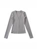 Chic French V-Neck Zipper Long Sleeve Slim Fit T-Shirt for Women, Autumn/Winter High-End Style.