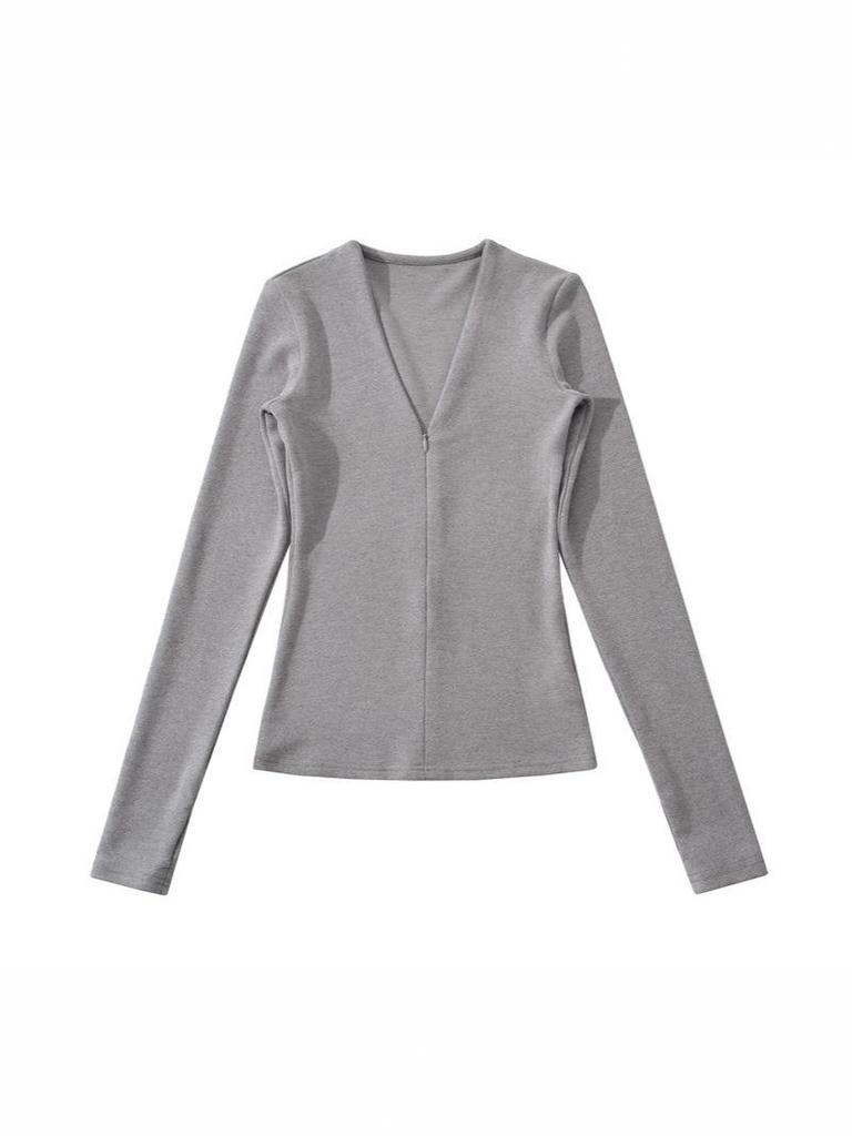 Chic French V-Neck Zipper Long Sleeve Slim Fit T-Shirt for Women, Autumn/Winter High-End Style.