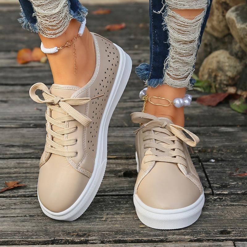 Damen Schnür-Sneakers für Erwachsene Hollow Low Atmungsaktiver Absatz Neue Mode Damenschuhe Einfarbig Herbst Frau Vulkanisierte Schuhe
