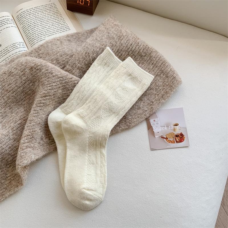 Children'S Wool Socks, Thickened Warm Rhombus Cream Solid Color Medium Tube Socks