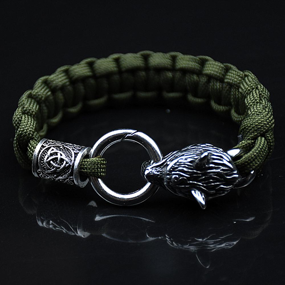 Stainless Steel Wolf Bracelets Men Norse Vikings Runes Paracord Rope Bangle Jewelry for Men