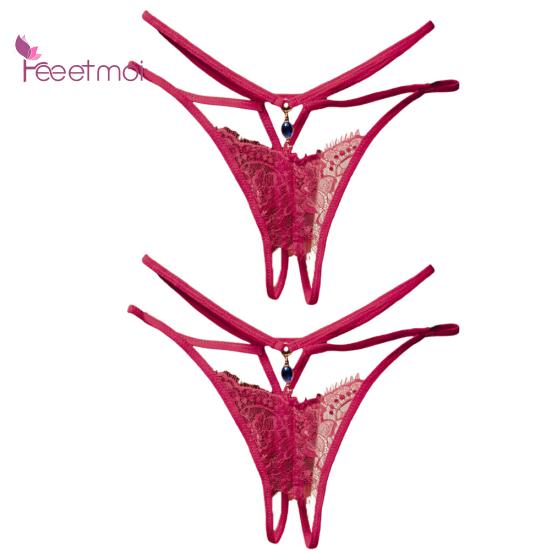 2Pcs Erotic G-String Women Lace Through Hollow Out Open Crotch See Underwear