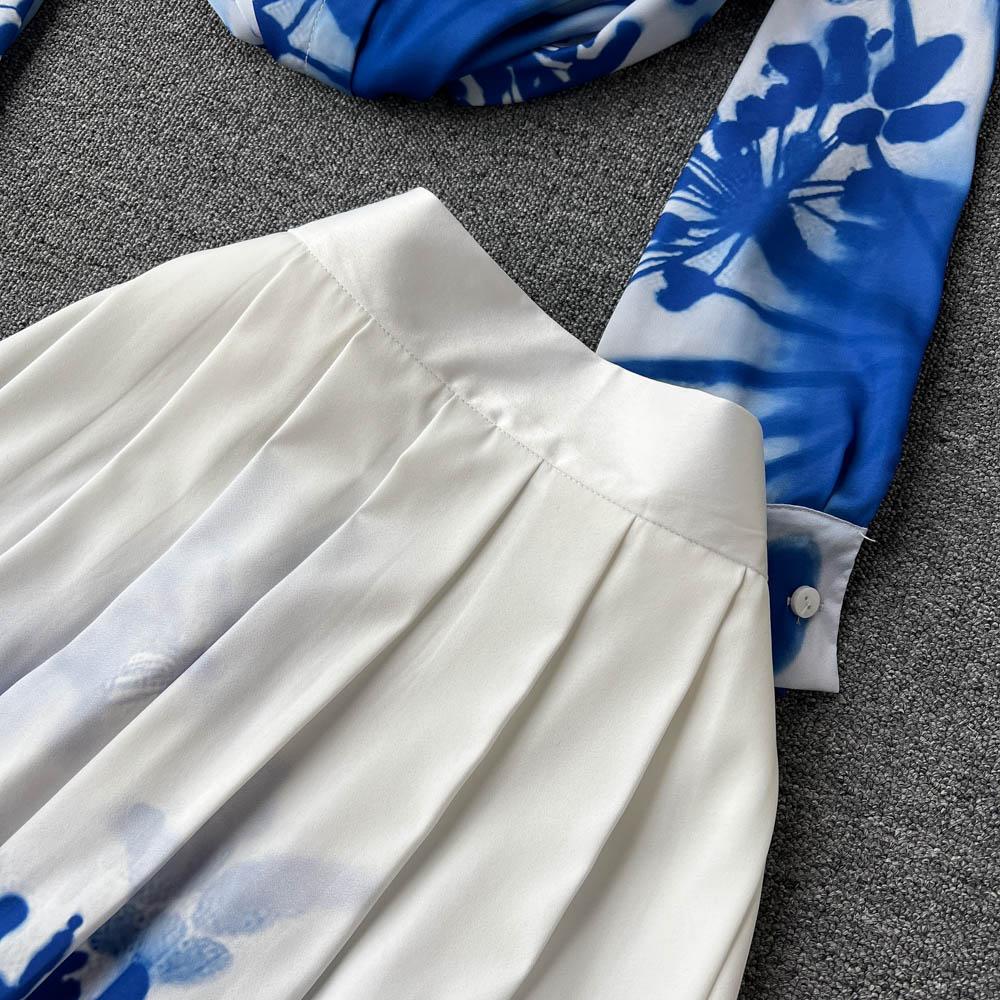 Elegant Temperament Polo Collar Blue Printed Long-Sleeved Shirt Women's High-End Pleated Skirt Fashion Two-Piece Suit