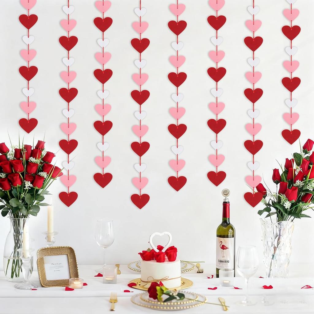 8 Pack Felt Heart Garland, Valentines Day Decorations-No DIY Red Pink White Heart Valentines Hanging String Banner for Anniversary Wedding Engagement