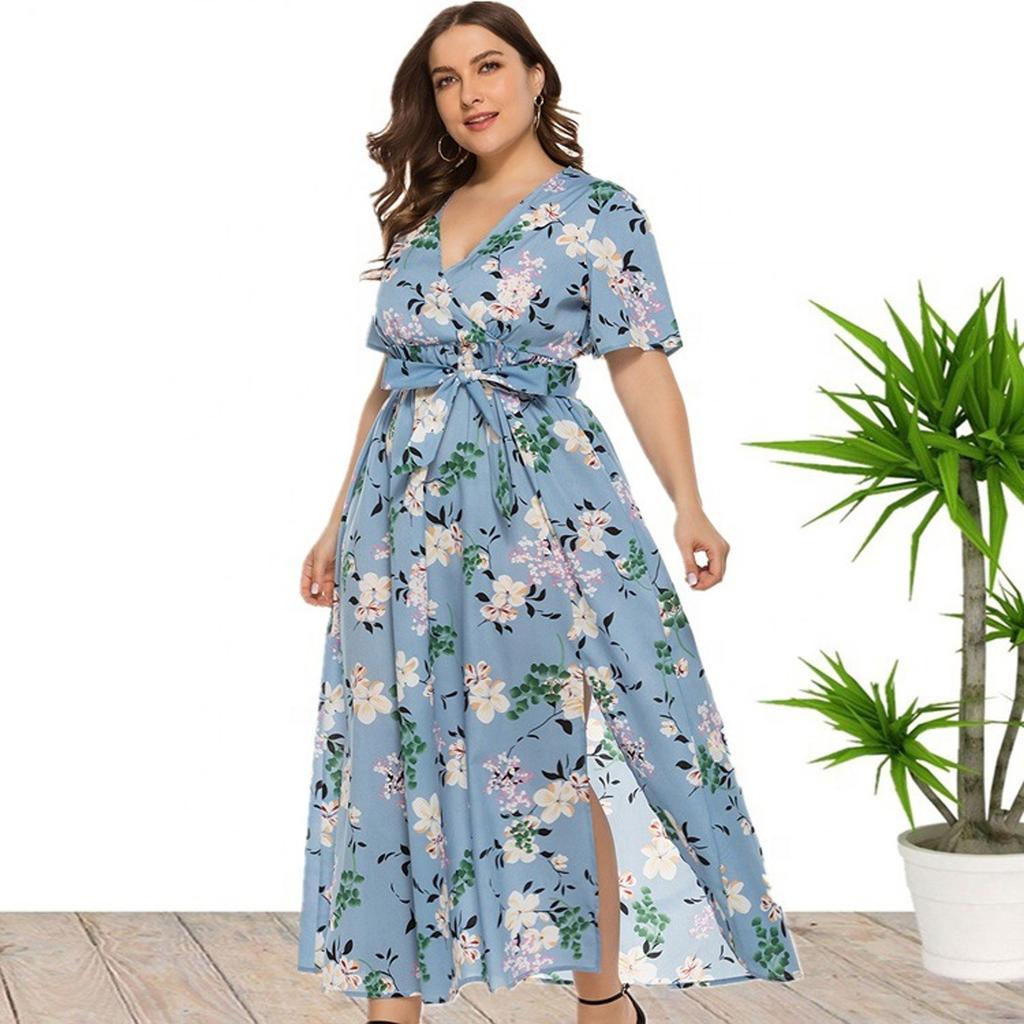 Women Plus Size Print Shourt Sleeve Fashion V-Neck Knee Length Dress