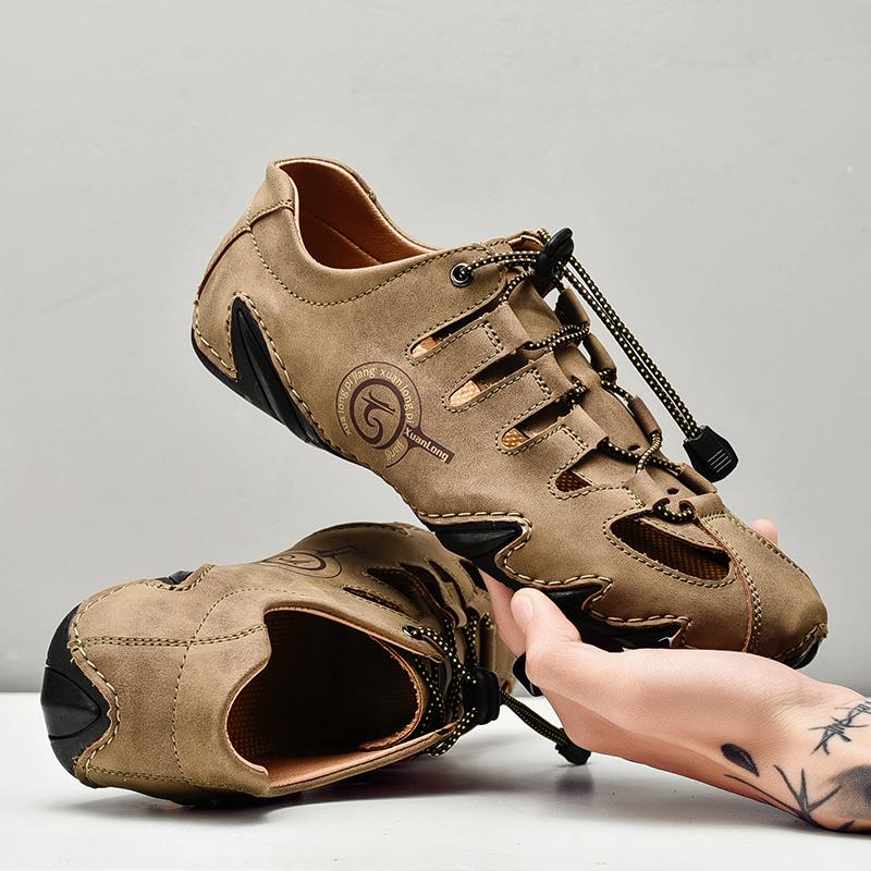 Fashion Summer Hollow Out Men's Shoes Casual Split Leather Men Outdoor Sneakers Moccasins Breathable Designer Quality Sandals Size 38-48