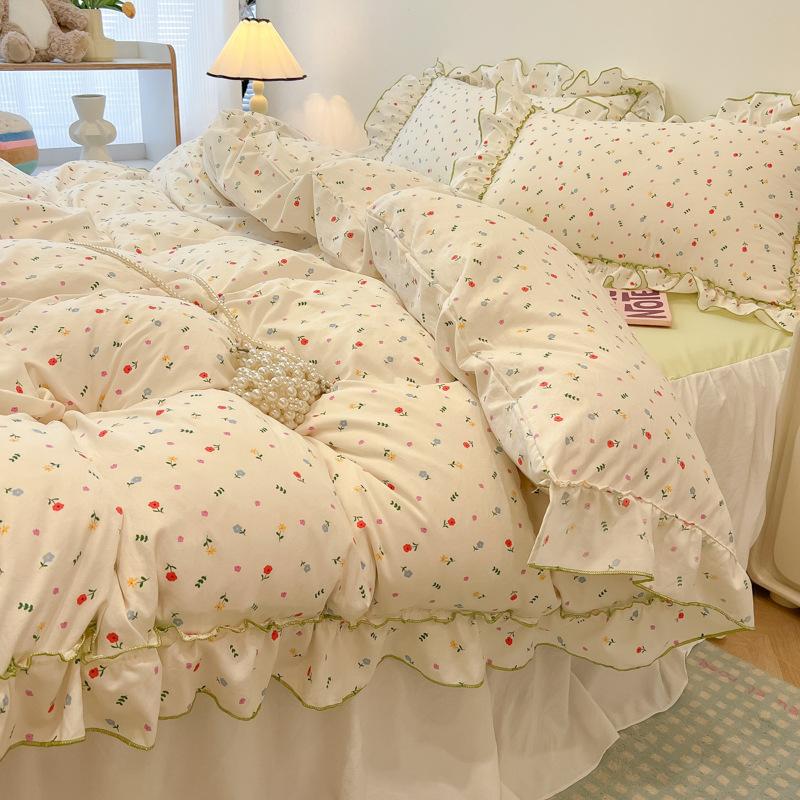 Sweet Flower Printed Bed Skirt Bedding Set Skin Friendly Cotton Nude Sleeping Comforter Set Class-A Twin Single Home Textile