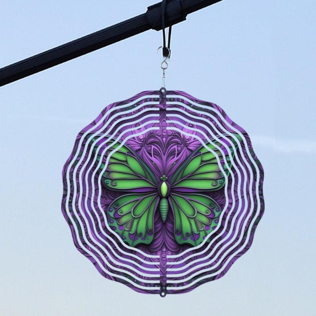 Vibrant 10 Inch Mandala Wind Chime with Swirling Butterflies Purple Green Metal Garden Decor Outdoor Art Gift for Family Friends