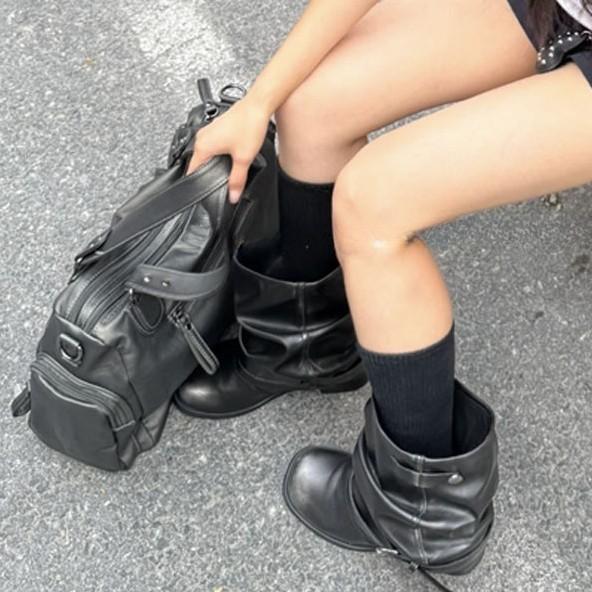 Schlauchhose Röhrenhose kurze Stiefel Western-Cowboystiefel Damen neue plissierte gestapelte Martin-Stiefel Retro-Leder dicker Absatz Ritterstiefel