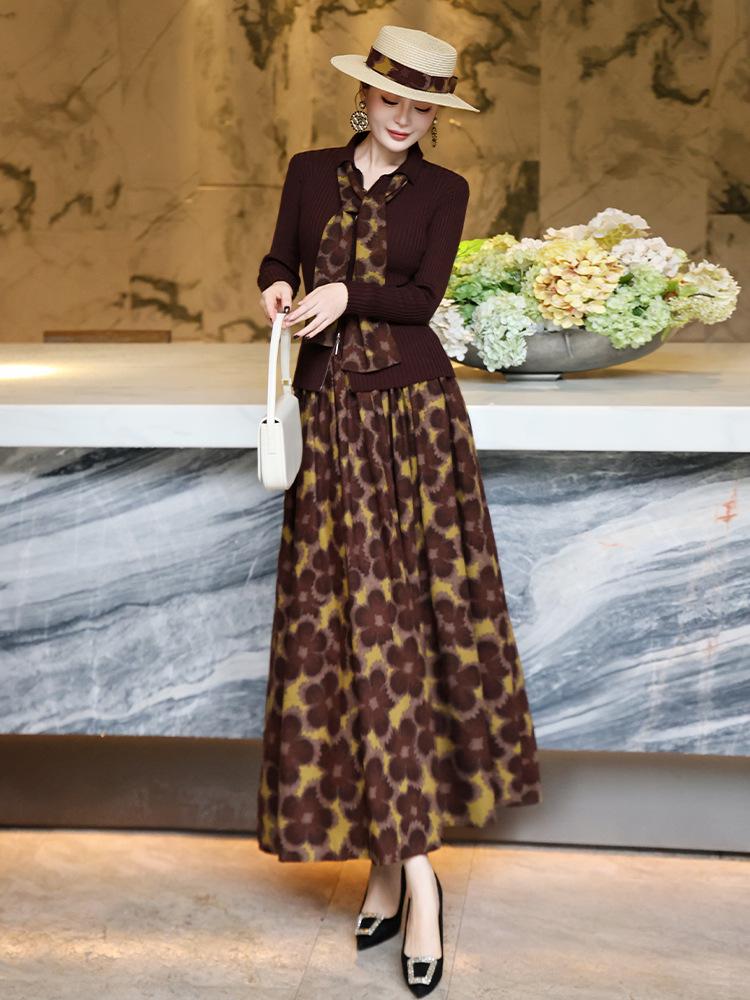 2025 Autumn Slim Fit Knit Cardigan & Floral Midi Skirt Set