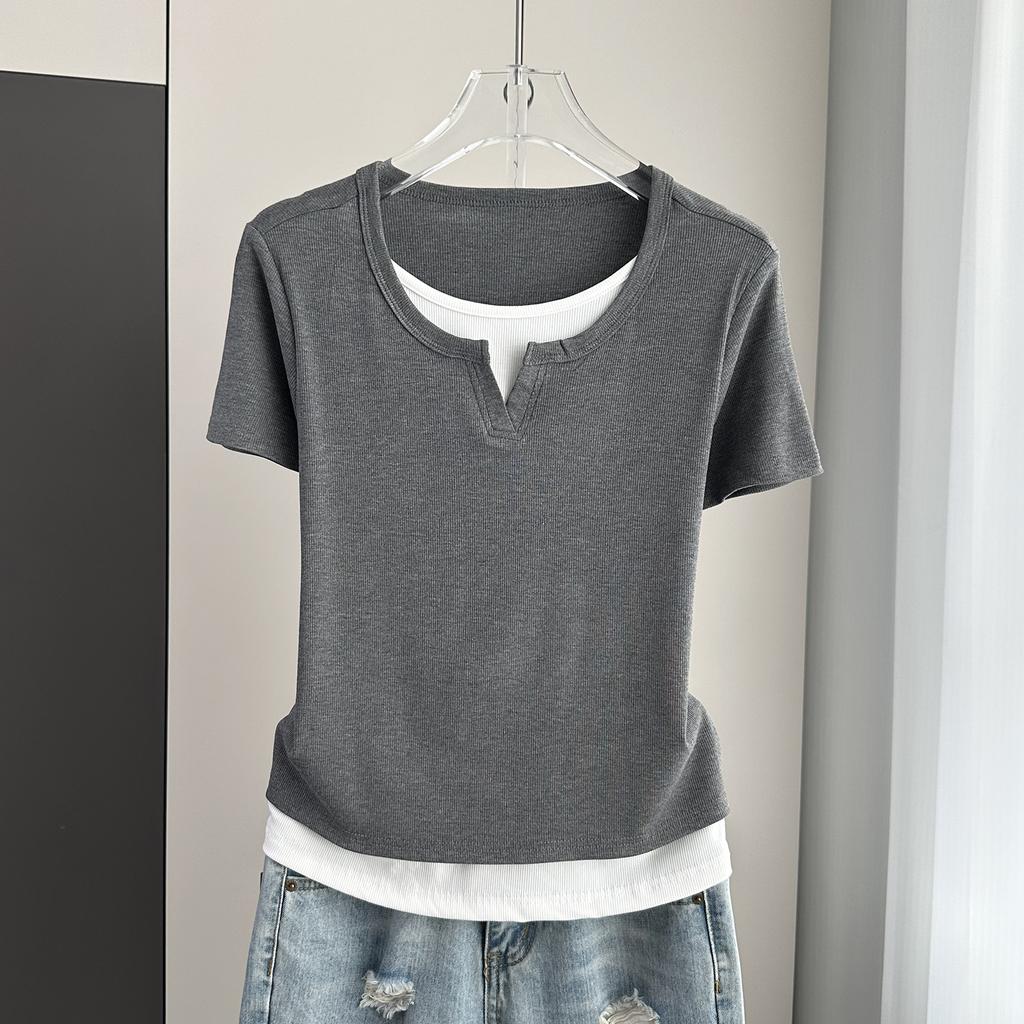 Plus Size Fake Two-Piece Color Block Short Sleeve T-Shirt Ribbed Slimming Top For Women Versatile Breathable Soft Material Flattering Slim Women Top