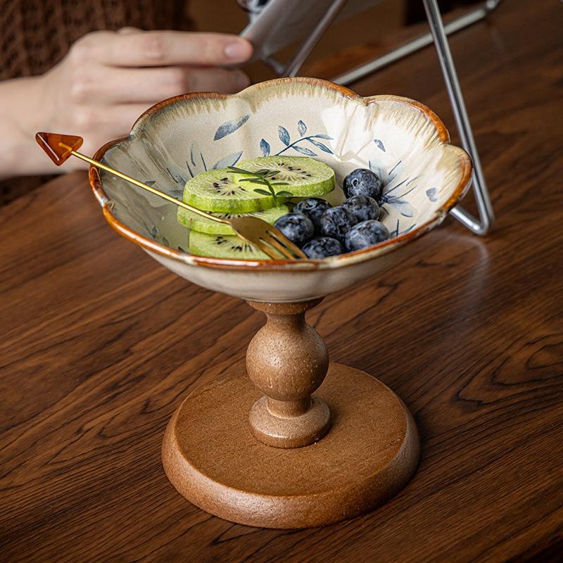 BRHigh-sided Bowl Retro Wooden High-sided Plate Fruit Plate Storage Tray Cake Dish Food Trays Decorative Tray Kitchen StorageEY