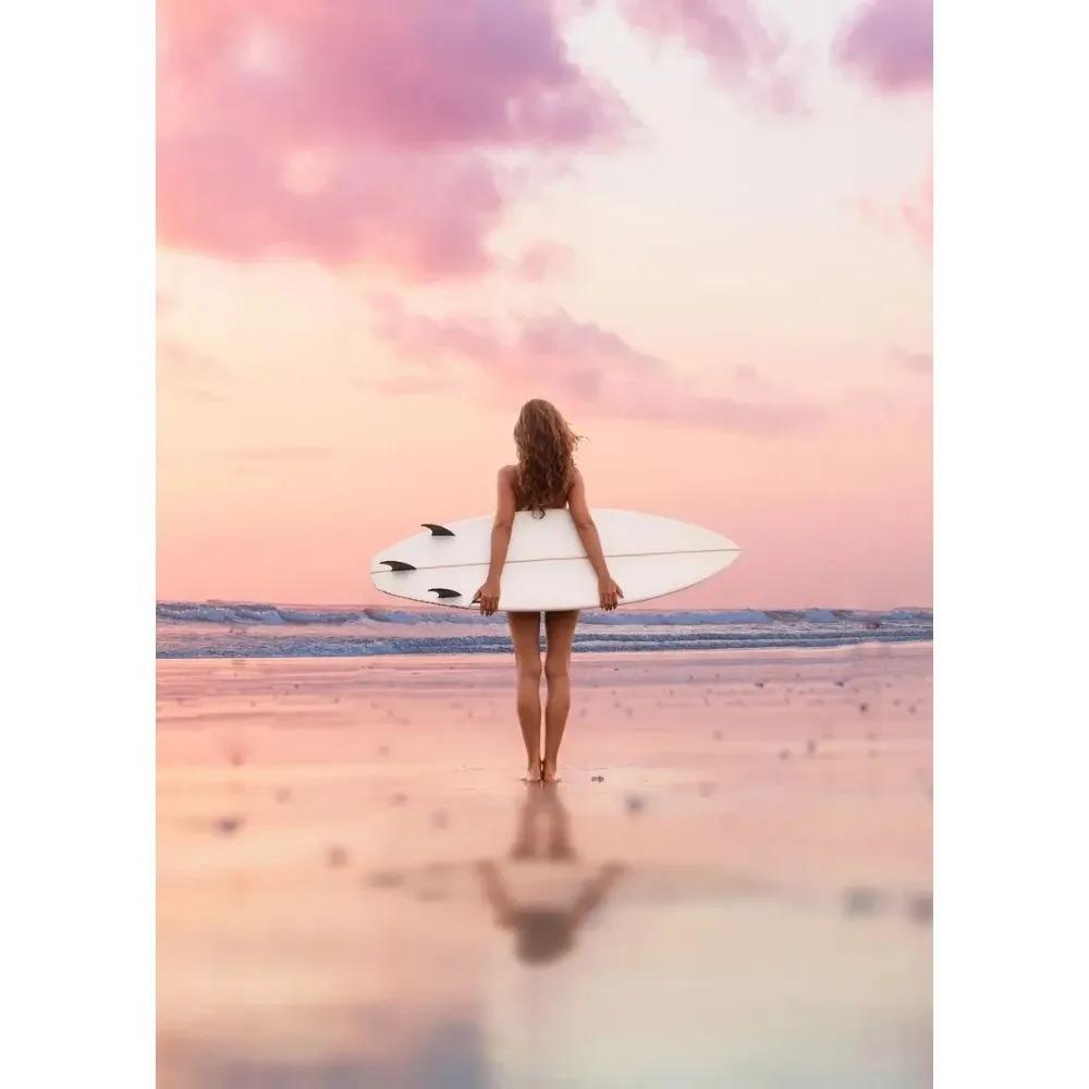 Pink Beach Ocean Artwork Poster Canvas Printing Surf Coconut Tree Nordic Wall Art Living Room Bedroom Home Decor