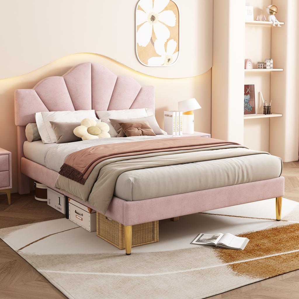 Velvet, upholstered bed, 140*190 cm, double bed, shell-shaped bed with gold iron legs, height-adjustable headboard, wooden slatted base, pink