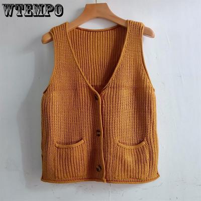Autumn and Winter New  Women's Knitted Vest with Pocket Sweater Korean Version V-neck Loose Vest Top