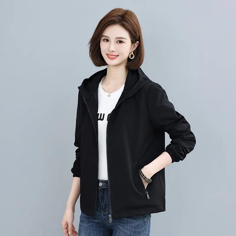 

Весенне-осенняя ветровка Куртка Женские куртки с капюшоном Повседневные базовые куртки Тренч Верхняя одежда XS чёрный