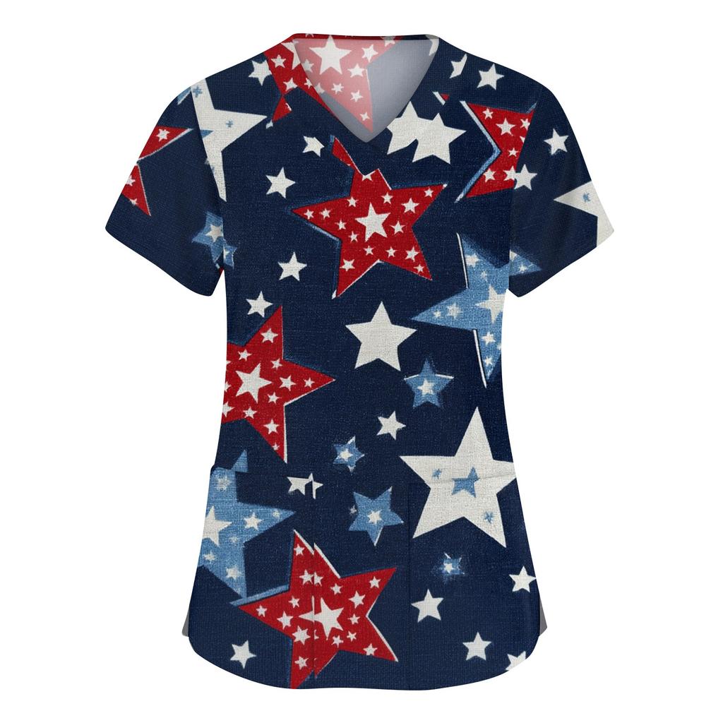 Modische Arbeitskleidung für Damen mit V-Ausschnitt, kurzen Ärmeln und bedruckten Taschen