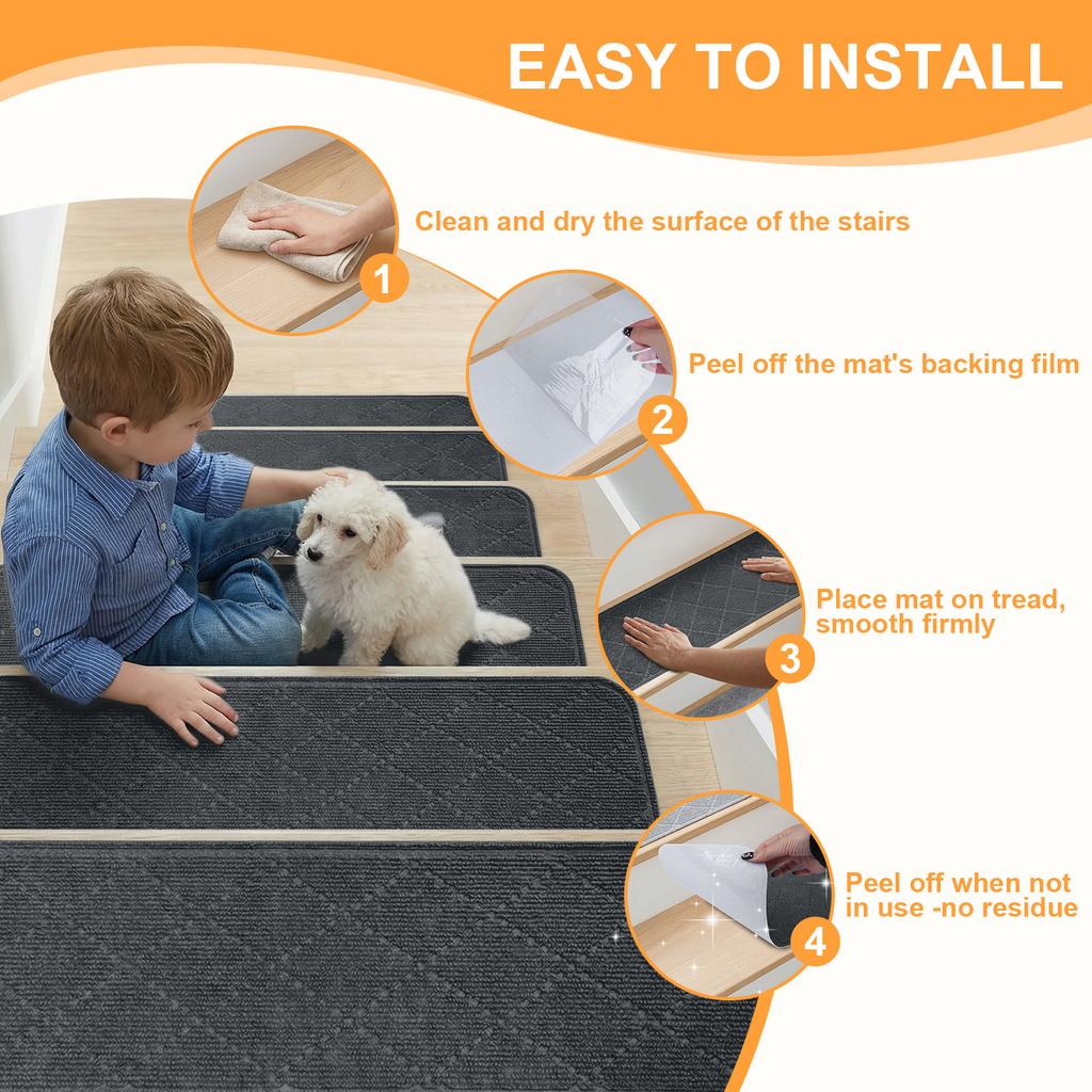 4Pc Edging Stair Treads Polyester TPE Backing Non-Slip Carpet Mats 20x76CM Indoor Stair Runner for Wooden Step Edging Stair Rugs